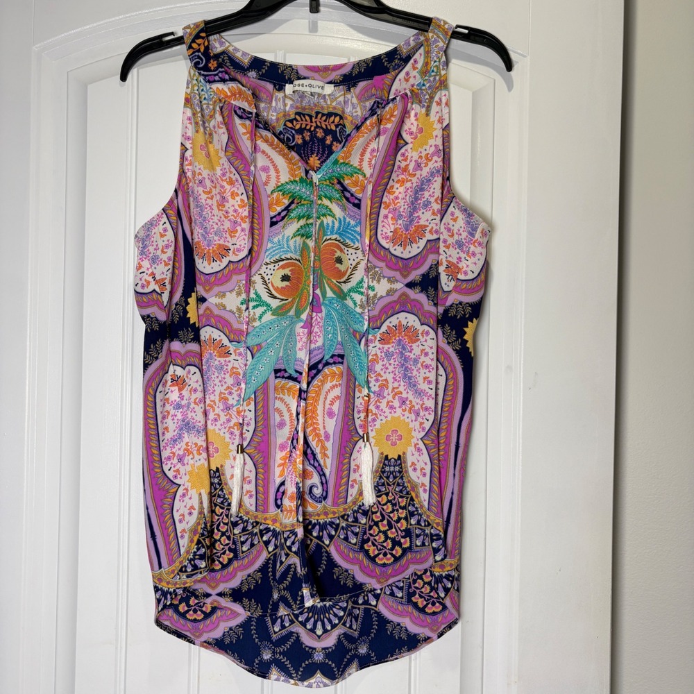 Rose + Olive Tank Top Womens Medium Multi Color Paisley Tassel Boho Sleeveless